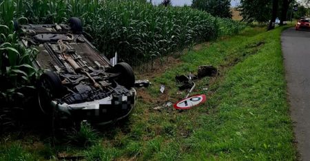 Dachowanie w polu kukurydzy. Za kierownicą 84-latka