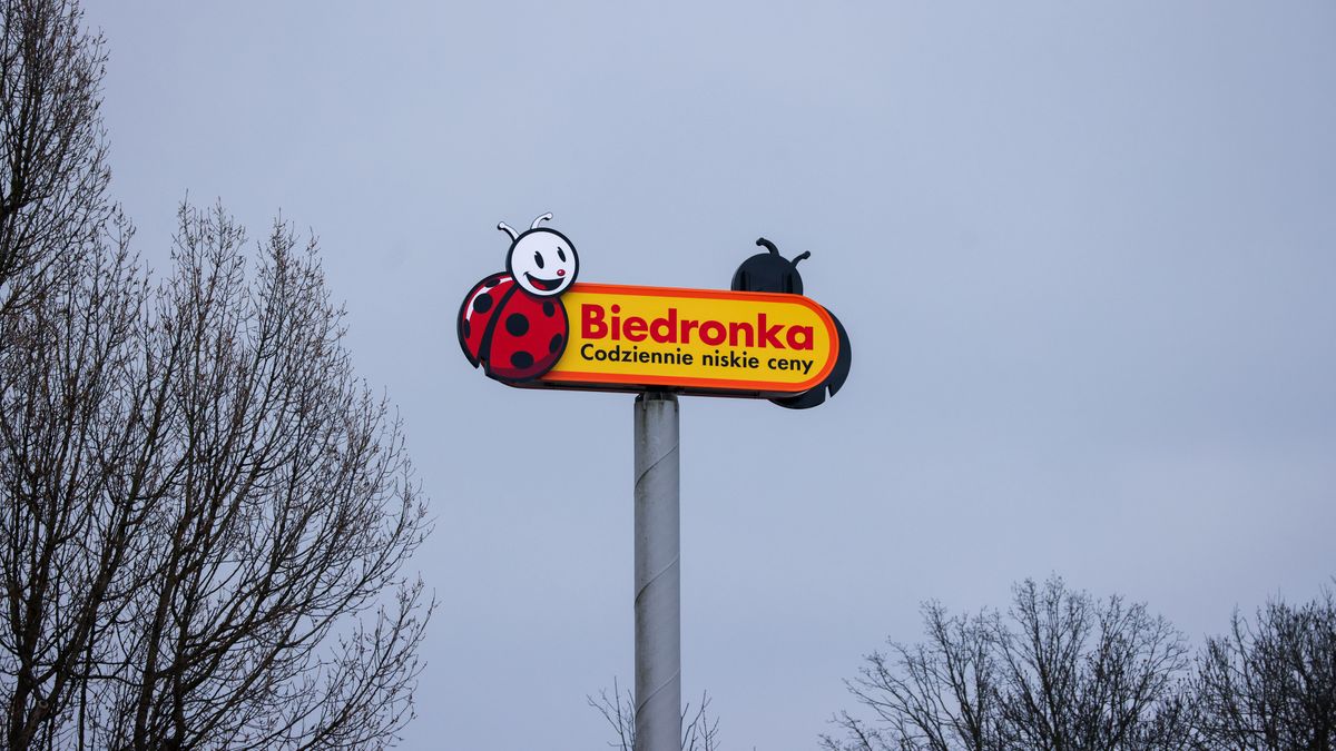 Biedronka discount shop logo is seen in Krakow, Poland on April 11th, 2025. (Photo by Beata Zawrzel/NurPhoto via Getty Images)