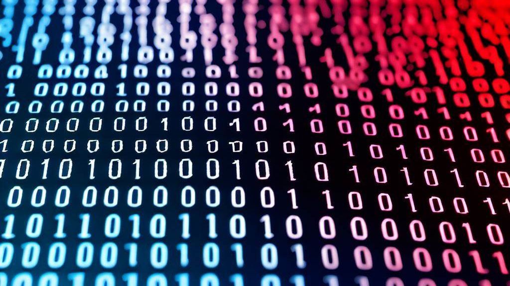 Kod binarny na ekranie pokrytym zakłóceniami