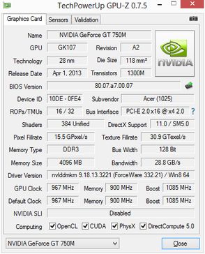 Zrzut ekranu GPU-Z dla dodatkowej karty graficznej Acer Aspire V5-573PG