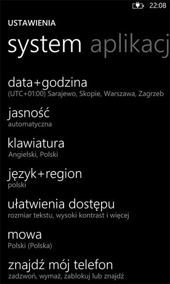 Ustawienia telefonu z WP8