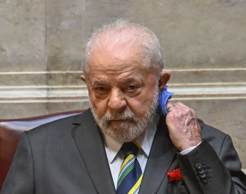 LISBON, PORTUGAL - APRIL 25: The President of the Federative Republic of Brazil Luiz Inácio Lula da Silva wipes away perspiration during the Formal Session to welcome him at the Portuguese Parliament on Lula's State Visit last day to the country on April 25, 2023, in Lisbon, Portugal. During his five-day State Visit President Lula met with the President of Portugal Marcelo Rebelo de Sousa, and with Portuguese Prime Minister Antonio Costa. Participated in a Luso-Brazilian Summit, and also attended the Bilateral Economic Forum in Matosinhos, near Porto and the awarding ceremony of the Camões Prize to Brazilian singer and composer Chico Buarque. (Photo by Horacio Villalobos#Corbis/Corbis via Getty Images)