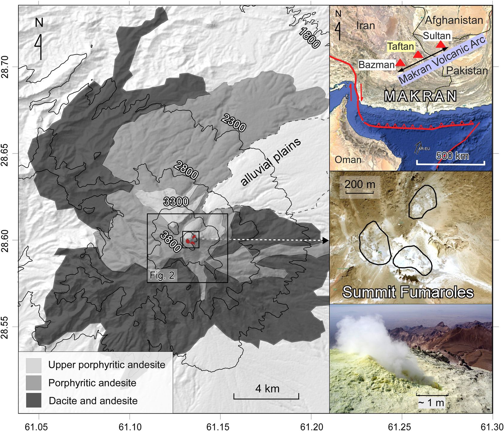 Mapa geologiczna wulkanu Taftan, wskazująca aktywne obszary
