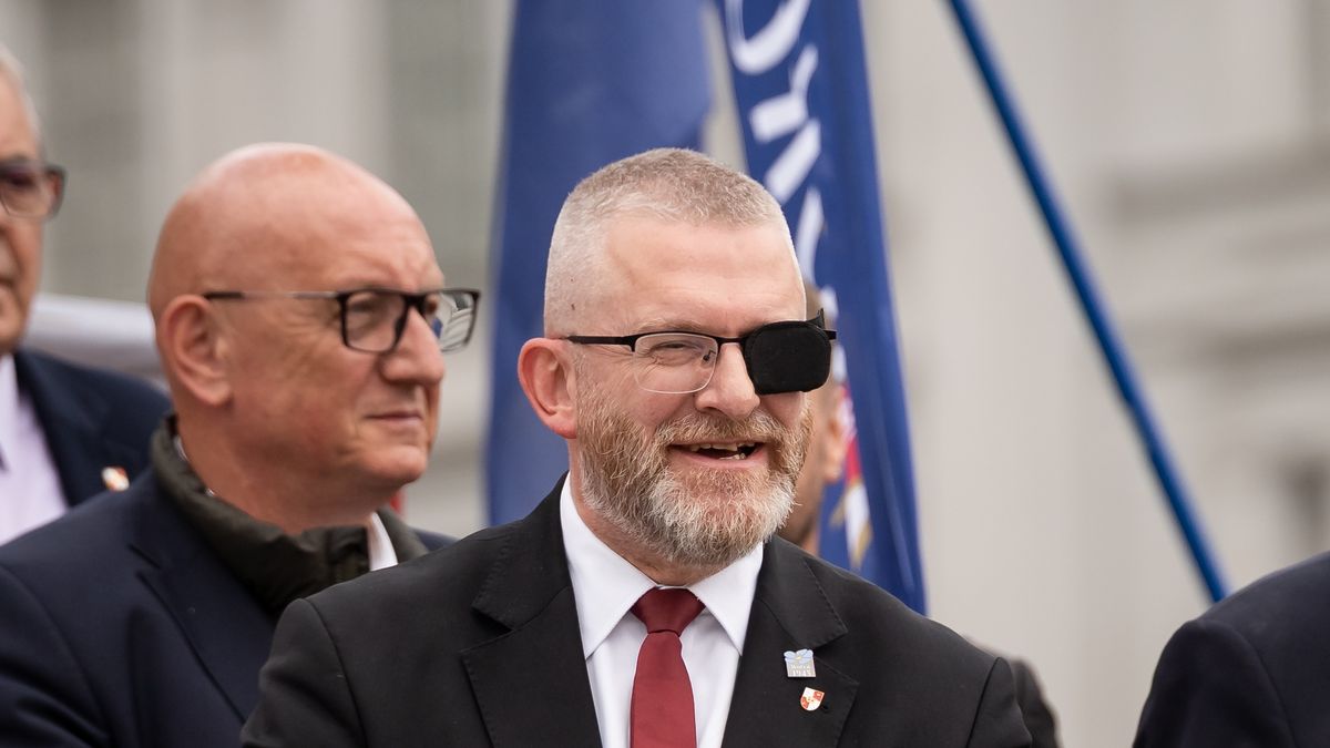 Grzegorz Braun participates in a protest in an unspecified location on an unspecified date. (Photo by Marek Antoni Iwanczuk/NurPhoto via Getty Images)