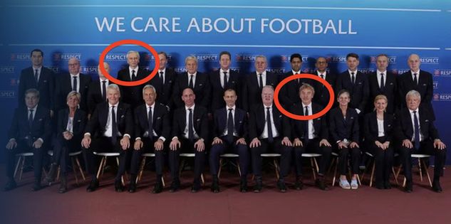 Diukow (z lewej) i Boniek na pamiątkowym zdjęciu ścisłych władz UEFA. Fot. UEFA.com