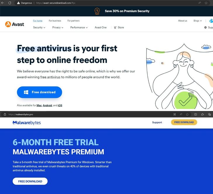 A fraudulent site deceptively similar to the genuine Avast website