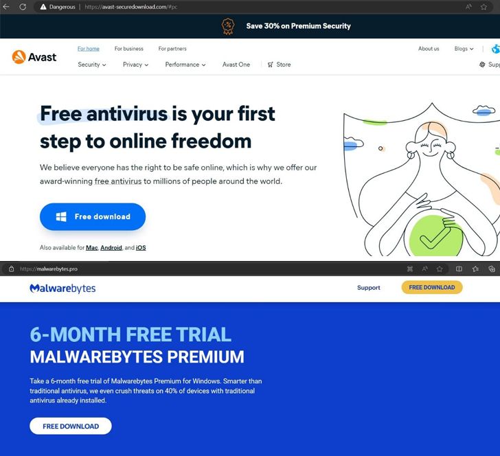 A fake page strikingly similar to the authentic Avast website