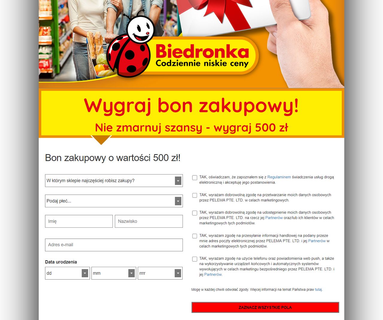 Spreparowana strona, na której użytkownik nakłaniany jest do wyrażenia szeregu zgód marketingowych, fot. Oskar Ziomek.