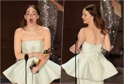 Oscary 2024. Emma Stone z pęknięta sukienką na scenie. "Nie patrzcie na tył!"