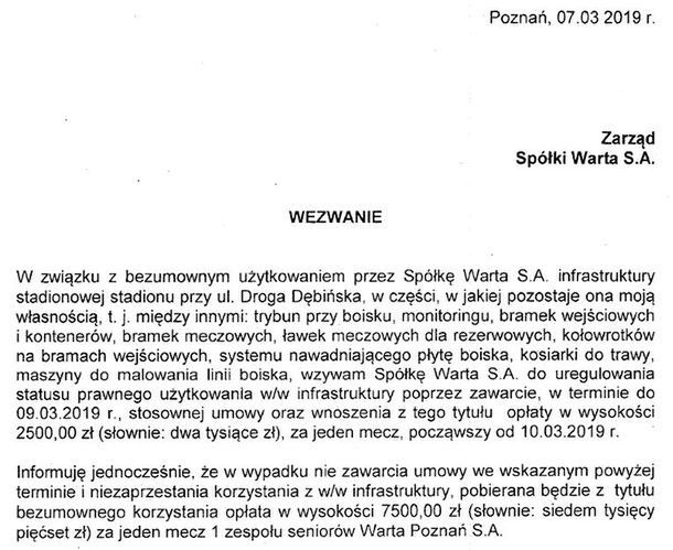 Pismo, które wpłynęło do Warty Poznań SA tuż przed demontażem schodów