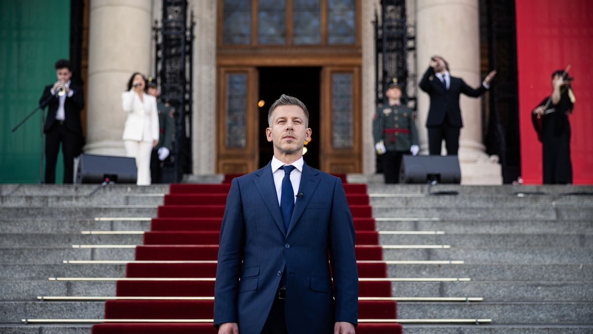 Peter Magyar, Hungary's prime minister, during his inauguration at the Parliament in Budapest, Hungary, on Saturday, May 9, 2026. Hungary's newly installed prime minister Magyar called on the president to quit in a confrontation in parliament that sought to draw the line on 16 years of increasingly autocratic rule by Viktor Orban. Photographer: Akos Stiller/Bloomberg via Getty Images