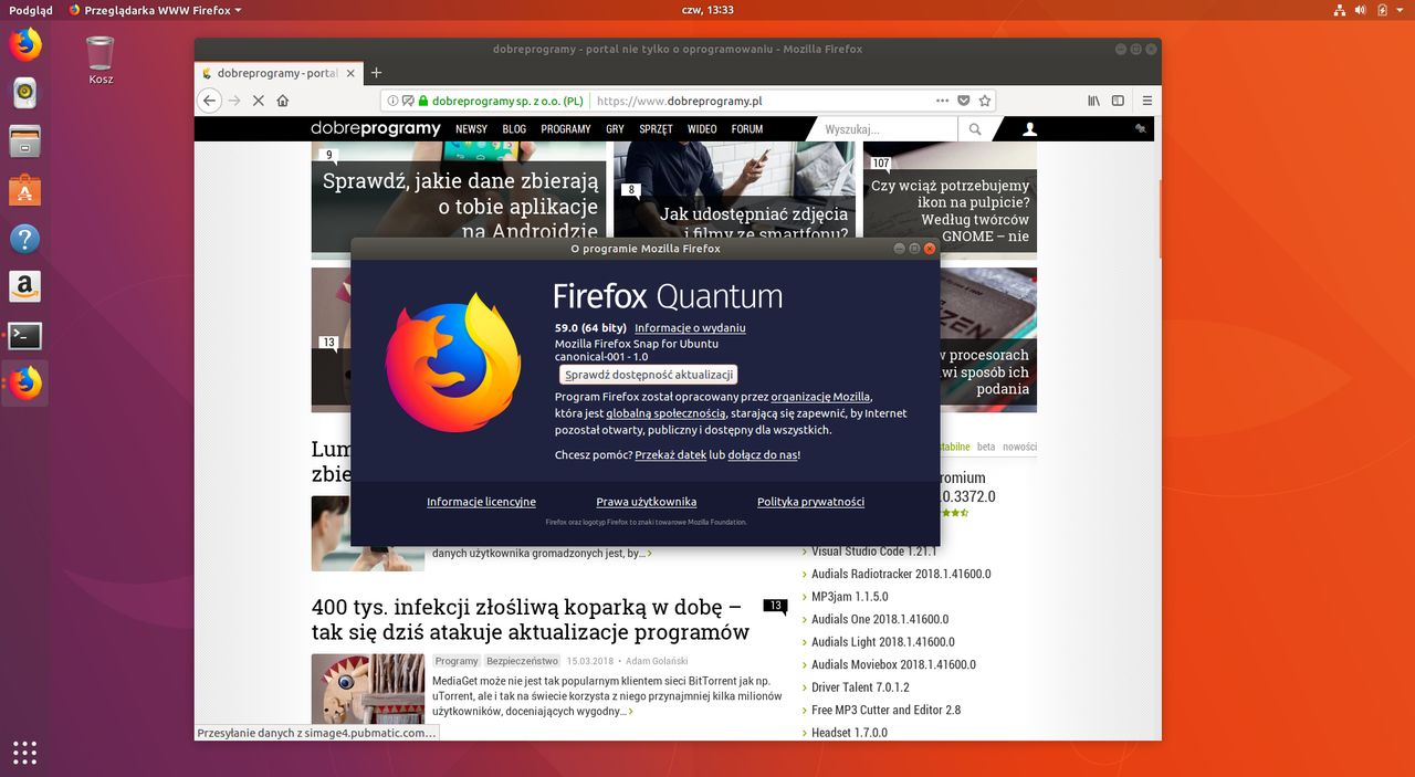 Firefox 59 uruchomiony z paczki snap – zwykły już się nie uruchomi