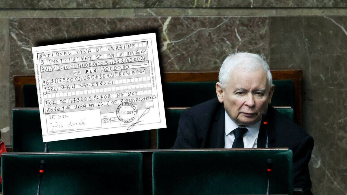 Na zdjęciu Jarosław Kaczyński w ławach sejmowych i potwierdzenie przelewu