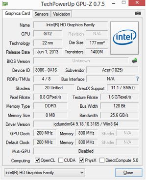 Zrzut ekranu GPU-Z dla zintegrowanej grafiki Acer Aspire V5-573PG