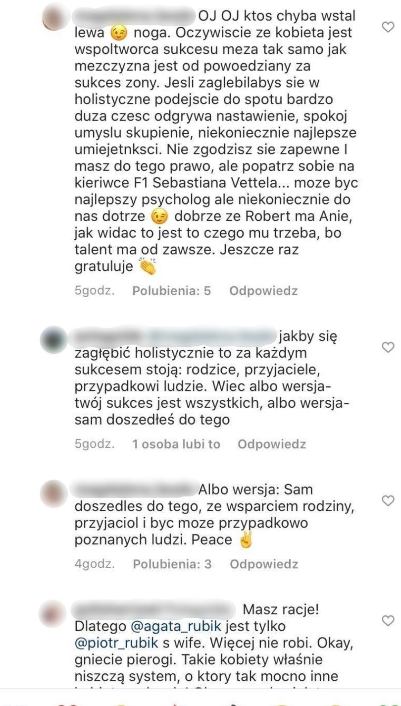 Agata Rubik dyskutuje z internautami pod wpisem Anny Lewandowskiej