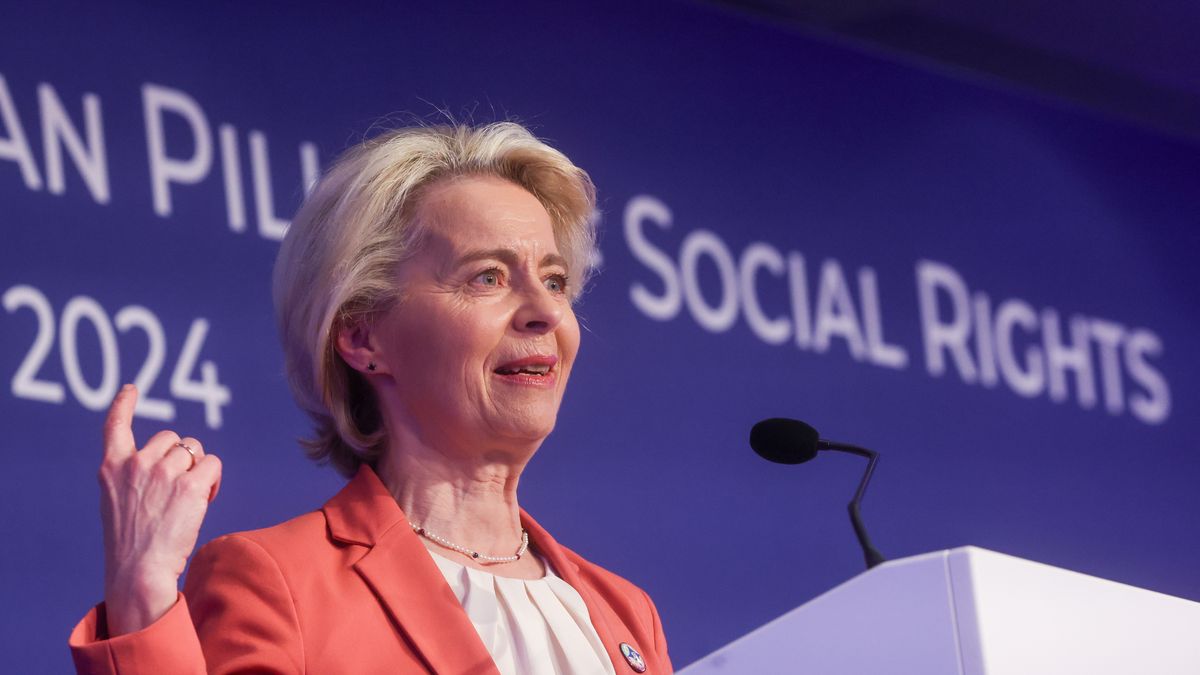European Commission President Ursula von der Leyen speaks at the European Pillar of Social Rights conference in La Hulpe, Belgium, 16 April 2024. The European Pillar of Social Rights' goal is to provide a comprehensive framework of principles that guide EU and national policies on equal opportunities and access to the labor market, fair working conditions, and social protection and inclusion. EPA/OLIVIER HOSLET Dostawca: PAP/EPA.