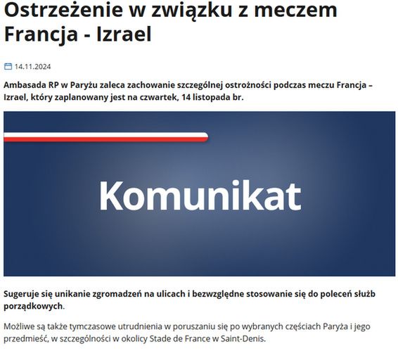 Oto komunikat polskiej ambasady we Francji z rządowej strony