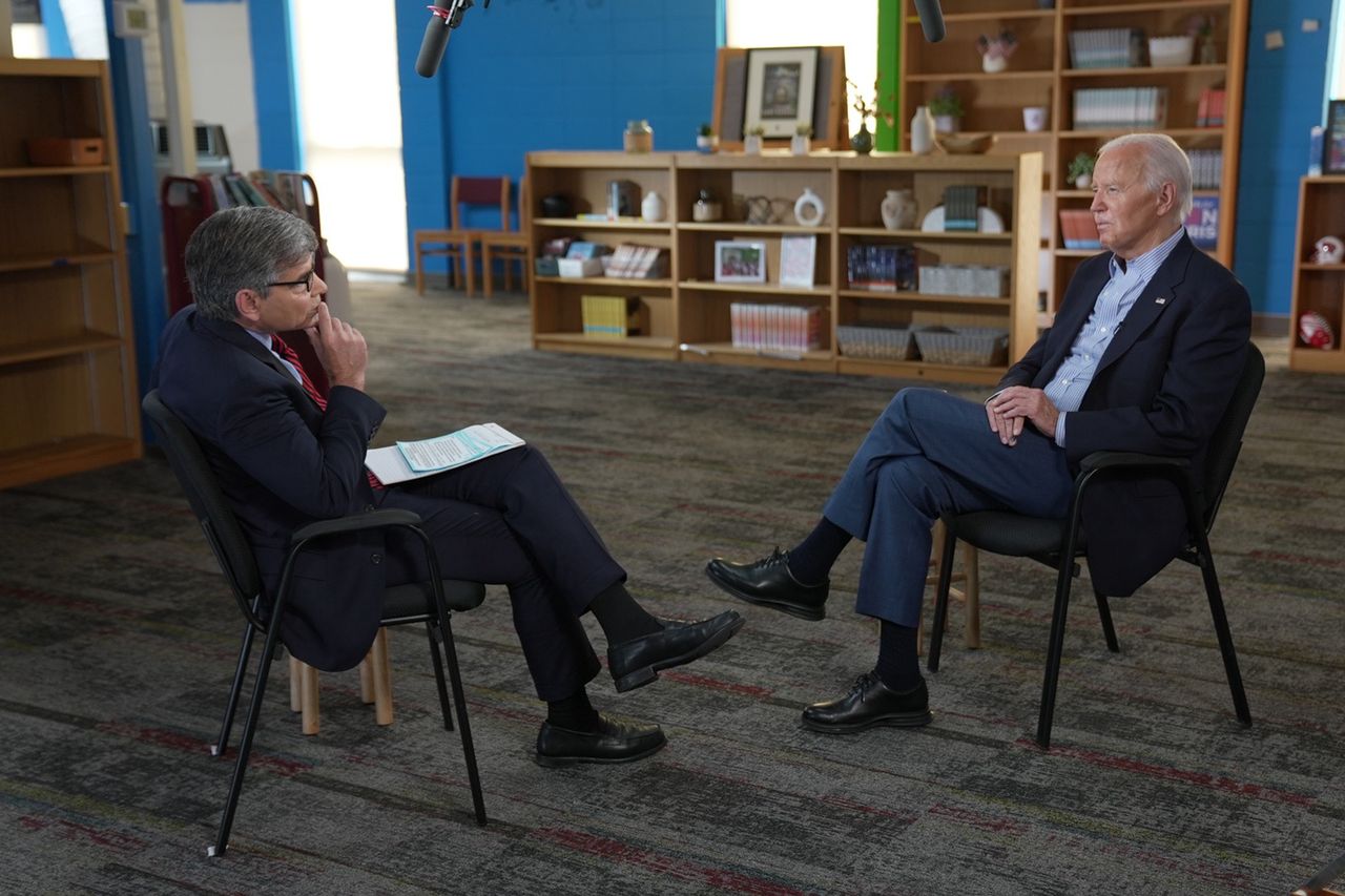 President Joe Biden talks to George Stephanopoulos on ABC television.