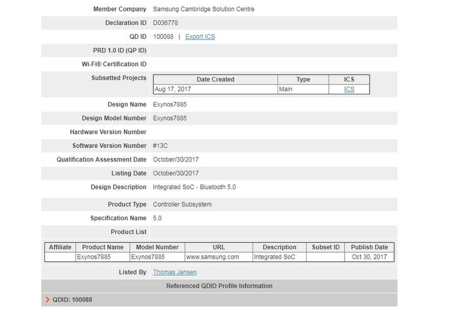 Samsung Exynos 7885 w bazie Bluetooth SIG