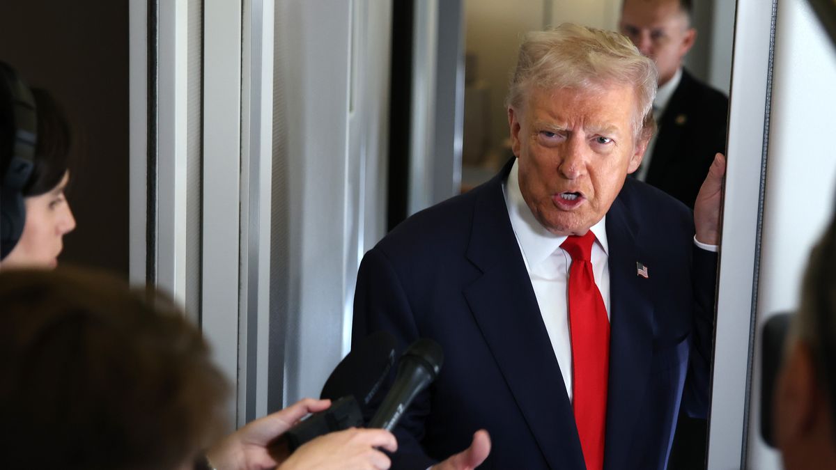JOINT BASE ANDREWS, MARYLAND - OCTOBER 31: U.S. President Donald Trump speaks to members of the media on board Air Force One on October 31, 2025 at Joint Base Andrews, Maryland. Trump is spending the weekend at his Mar-A-Lago estate in Palm Beach, Florida. (Photo by Samuel Corum/Getty Images)