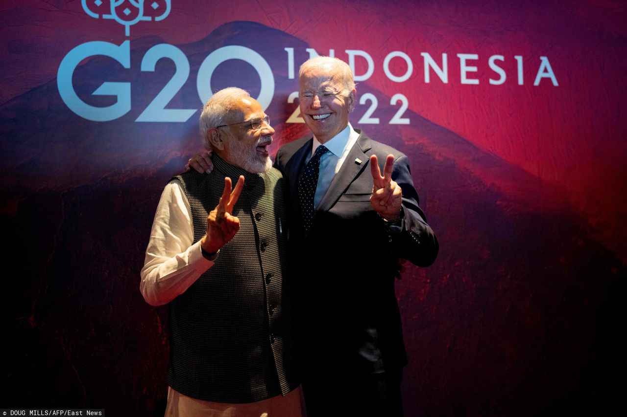 Premier Indii Narendra Modi z prezydentem USA  Joe Bidenem podczas szczytu G-20