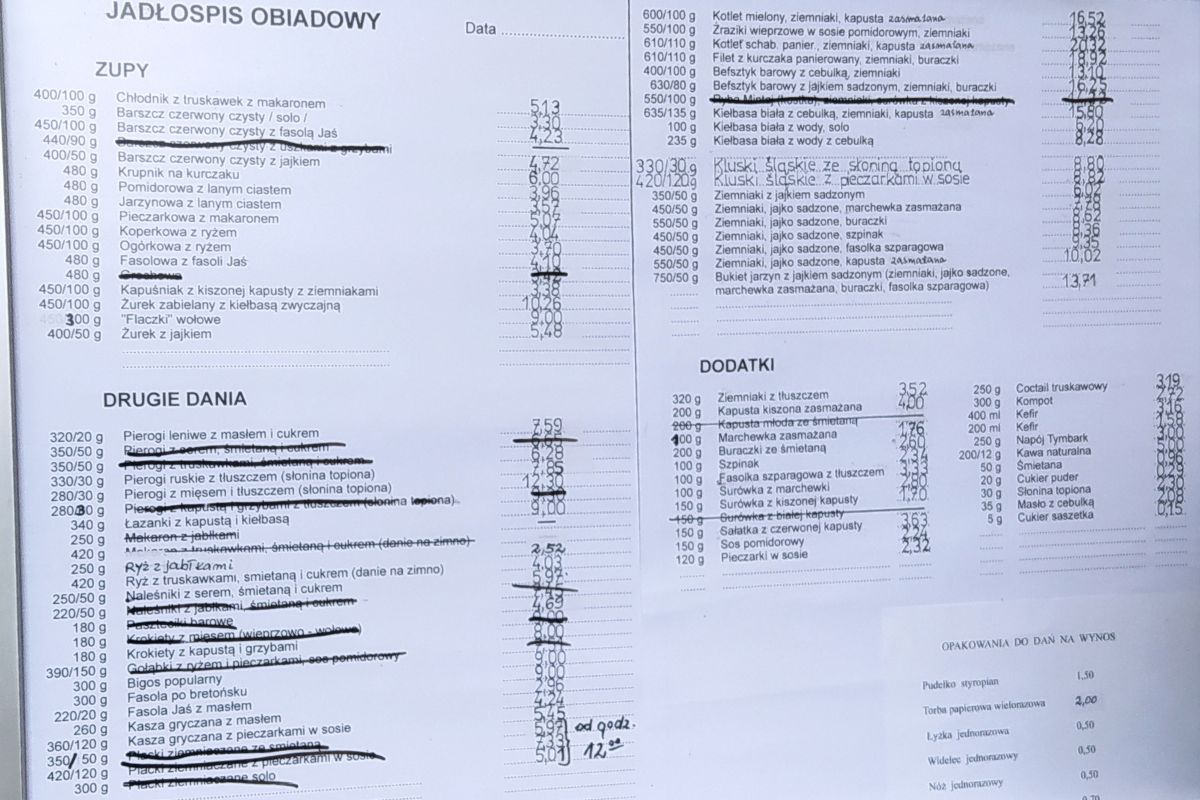 Menu w nowohuckim barze mlecznym "Centralnym"