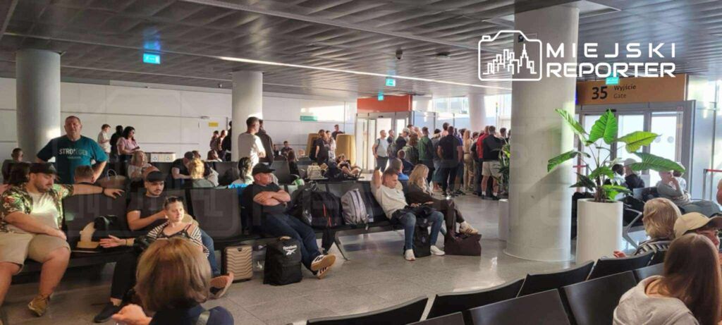 Grupa pasażerów czeka w terminalu lotniska, niektórzy siedzą, inni stoją w kolejce przy wyjściu 35.