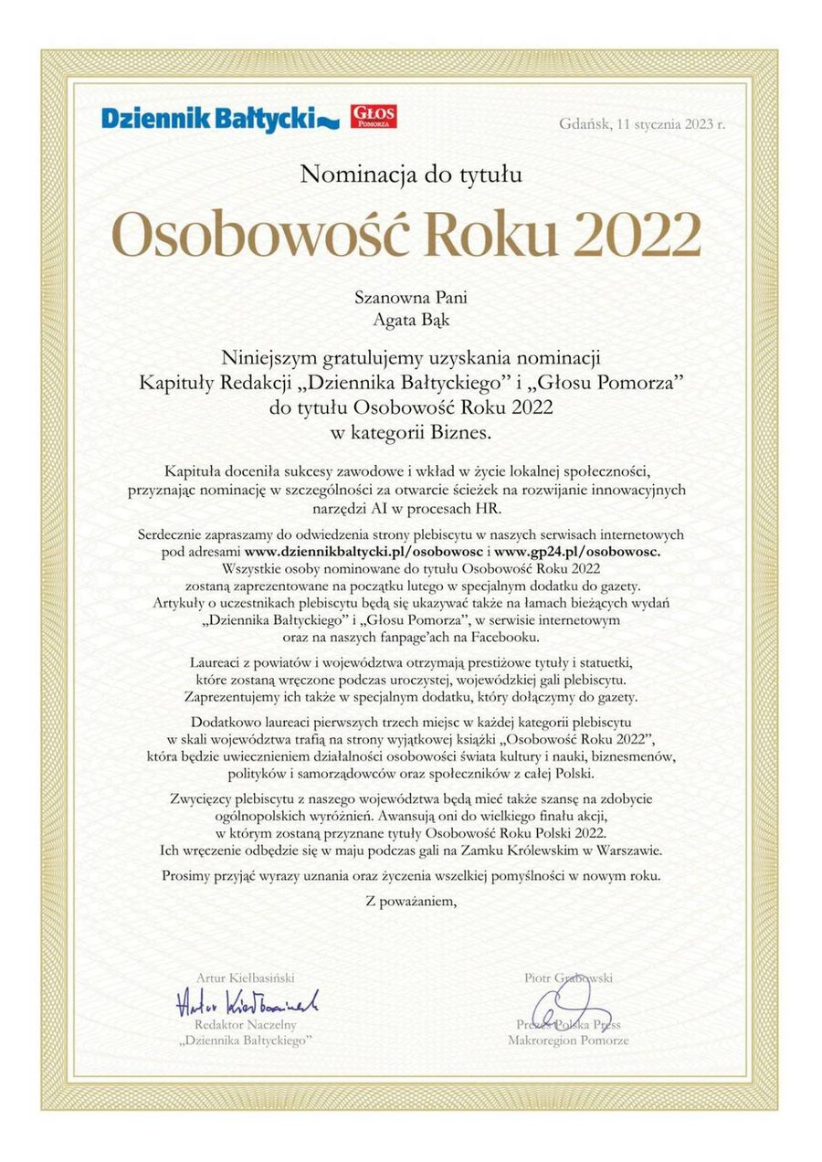 Dyplom z nominacją do tytułu Osobowość Roku 2022