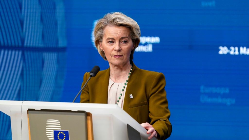 European Council Meeting Held In Brussels
BRUSSELS, BELGIUM - MARCH 20:  European Commission President Ursula von der Leyen of Germany attends a news conference during the European Council Meeting on March 20, 2025 in Brussels, Belgium. (Photo by Pier Marco Tacca/Getty Images)
Pier Marco Tacca