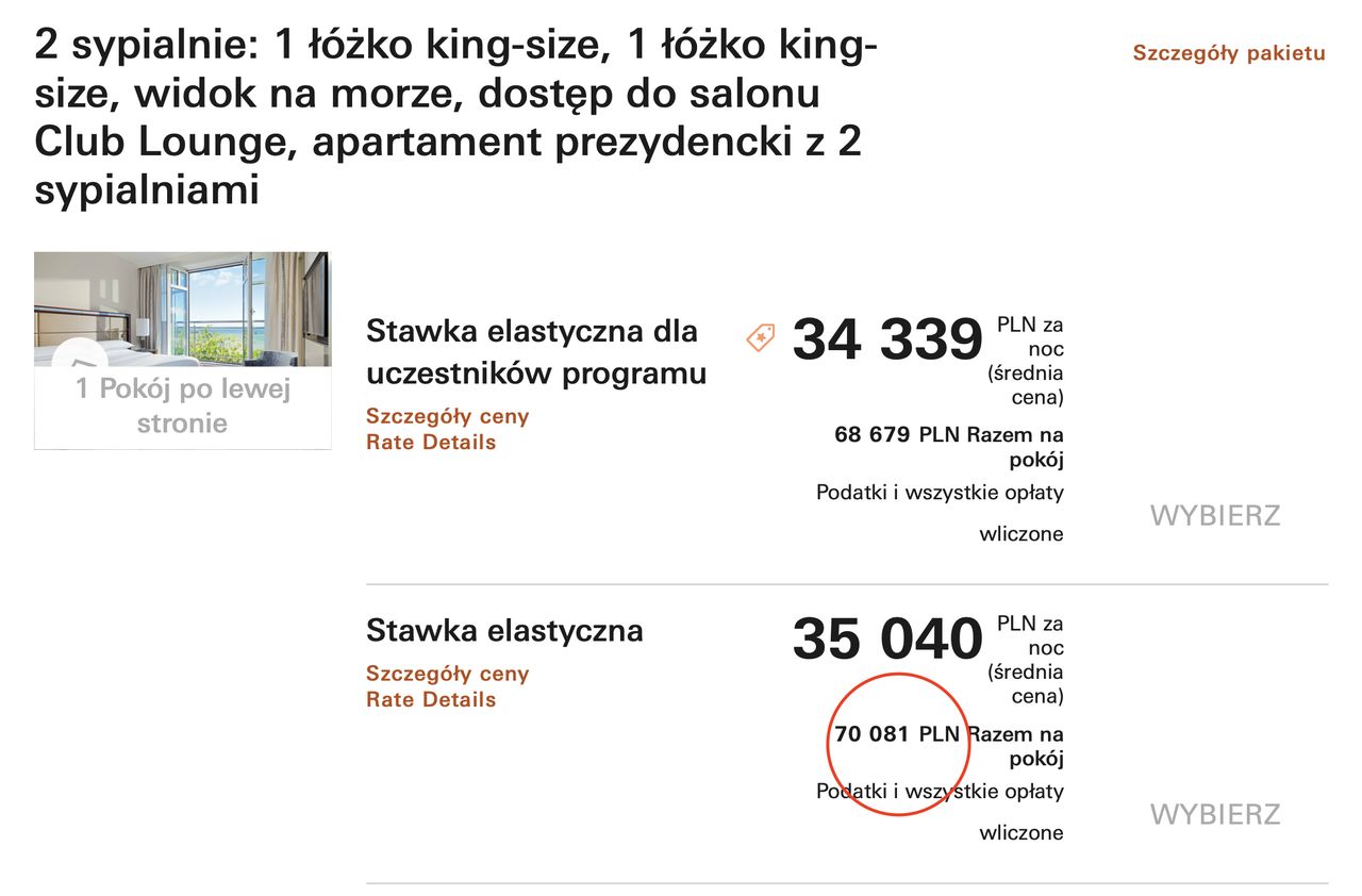 Najdroższy pokój w hotelu Sheraton Sopot w czasie TOP of the TOP Festival kosztuje ponad 70 tys. zł za dwie doby. Inne pokoje oferowane są po około 55 tys. zł w tym samym terminie