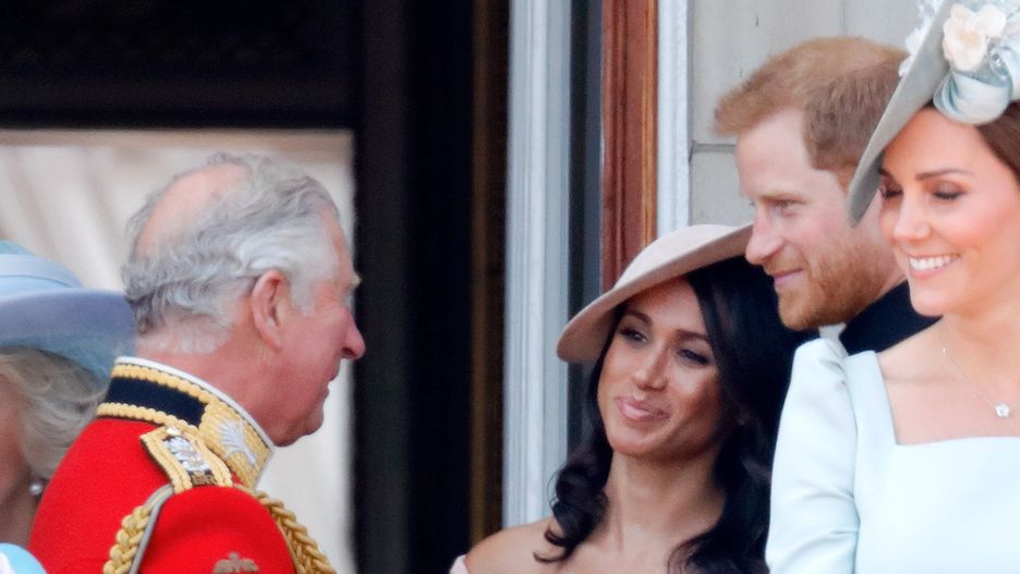 LONDON, UNITED KINGDOM - JUNE 09: (EMBARGOED FOR PUBLICATION IN UK NEWSPAPERS UNTIL 24 HOURS AFTER CREATE DATE AND TIME) Prince Charles, Prince of Wales, Meghan, Duchess of Sussex and Prince Harry, Duke of Sussex stand on the balcony of Buckingham Palace during Trooping The Colour 2018 on June 9, 2018 in London, England. The annual ceremony involving over 1400 guardsmen and cavalry, is believed to have first been performed during the reign of King Charles II. The parade marks the official birthday of the Sovereign, even though the Queen's actual birthday is on April 21st. (Photo by Max Mumby/Indigo/Getty Images)