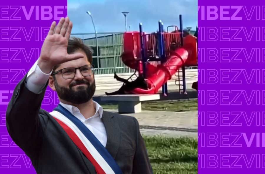 Prezydent Chile Gabriel Boric i czerwona zjeżdżalnia, w której utknął