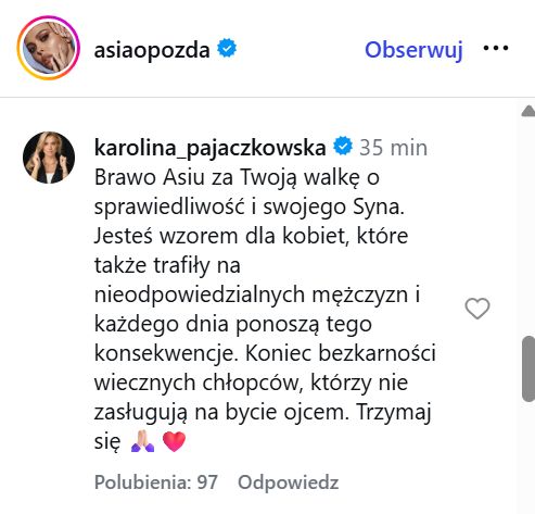Komentarz Karoliny Pajączkowskiej pod postem Joanny Opozdy