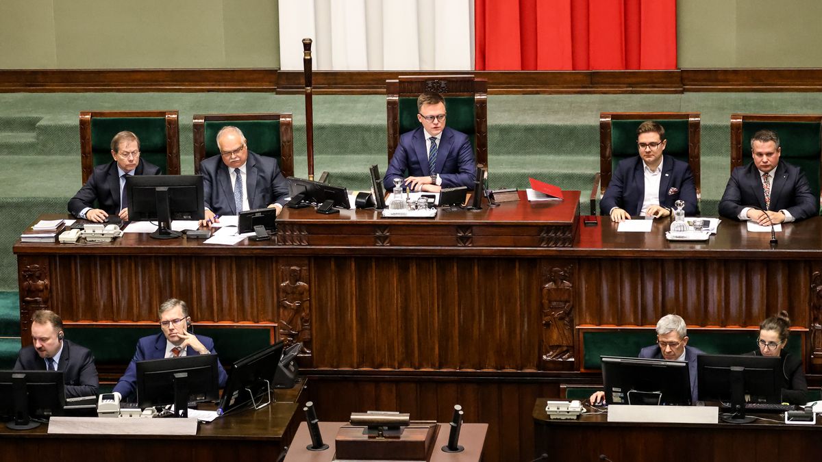 WARSAW, POLAND - 2024/04/24: The Speaker of Polish Parliament, Szymon Holownia speaks during the 10th session of Polish Parliament in the Parliament building on Wiejska Street. The parliament discusses controversial issues of the rule of law. (Photo by Dominika Zarzycka/SOPA Images/LightRocket via Getty Images)