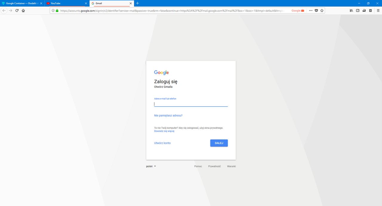 Usługi Google uruchamiane są w izolowanym środowisku, informuje o tym czerwony napis obok paska adresu.