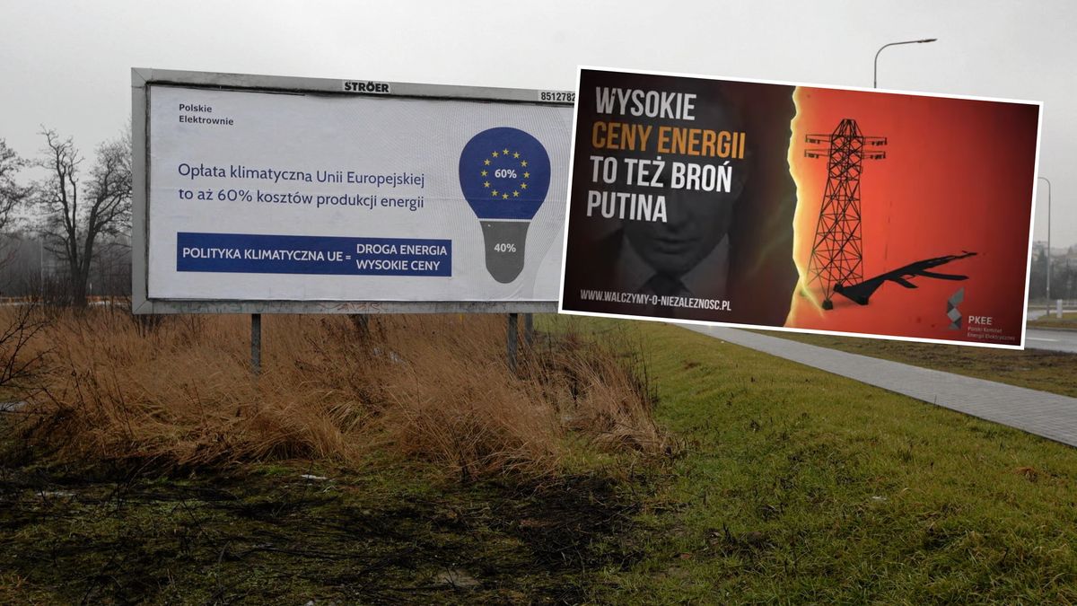 Na zdjęciu billboard "kampanii żarówkowej". Obok nałożony billboard nowej kampanii