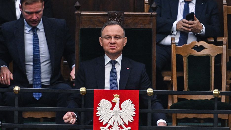 WARSAW, POLAND – DECEMBER 11: The President of Poland Andrzej Duda listens to the speech of Prime Minister Mateusz Morawiecki during a parliament session on December 11, 2023 in Warsaw, Poland. A coalition of opposition parties, with former prime minister Donald Tusk at the helm, won a majority in October's general election, ending eight years of rule by the Law and Justice (PiS) party. (Photo by Omar Marques/Getty Images)