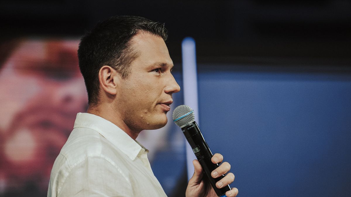 Slawomir Mentzen, co-leader of the Confederation Freedom and Independence party, speaks during a rally in Olsztyn, Poland, on Saturday, Aug. 26, 2023. Disruptors from the far-right are gaining traction across Europe, profiting from a groundswell of resentment born out of the pandemic, cost-of-living crisis and the economic toll from the war in Ukraine. Photographer: Damian Lemaski/Bloomberg via Getty Images