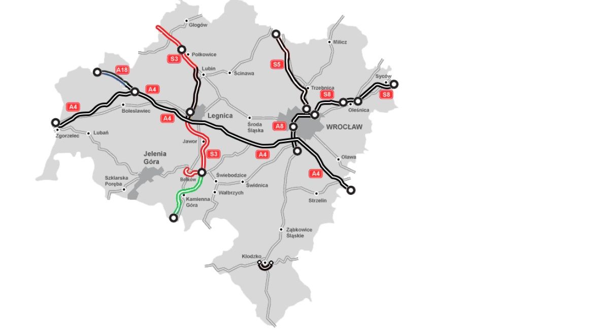 Jedną z najważniejszych inwestycji jest dokończenie budowy S3. Na jej końcowy odcnek do granicy z Czechami (na zielono) jeszcze nie rozstrzygnięto przetargu