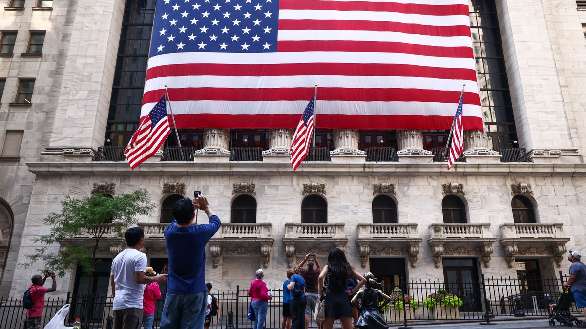U.S. flag is seen hanging on New York Stock Exchange building on Independence Day In New York, United States on America on July 4th, 2024.
 (Photo by Beata Zawrzel/NurPhoto via Getty Images)