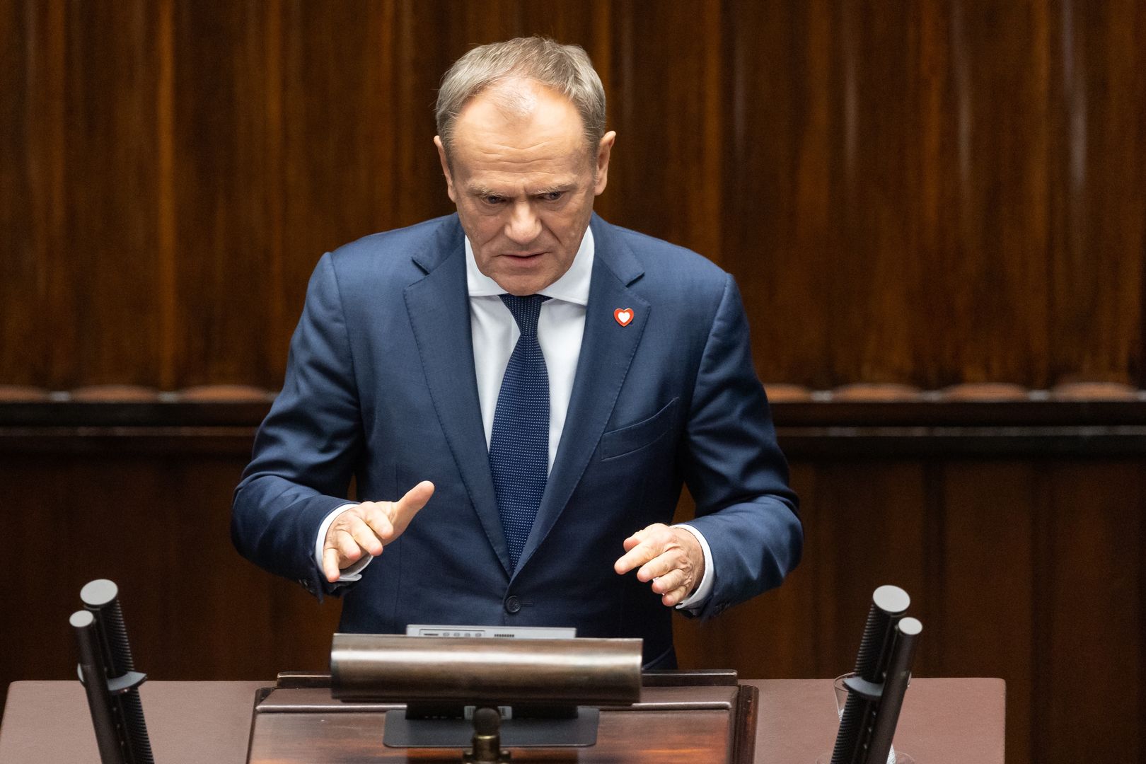 Donald Tusk is participating in the parliamentary debate on the appointment of his government in Warsaw, Poland, on December 12, 2023. (Photo by Foto Olimpik/NurPhoto via Getty Images)