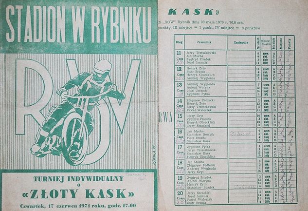 Program zawodów o Złoty Kask w Rybniku z wyścigiem XVI (zwycięstwo Zdzisława Dobruckiego)
