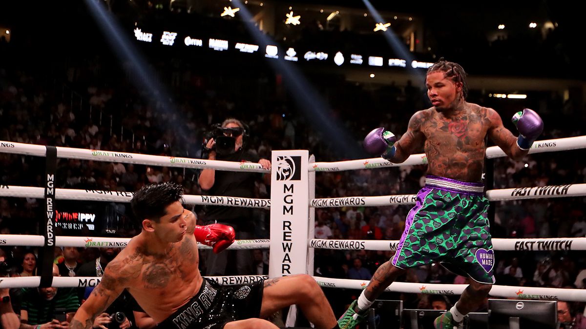 Las Vegas, NV - April 20: Gervonta Davis floors Ryan Garcia with a left hand in the second round of their prizefight at T-Mobile Arena in Las Vegas on Saturday, April 22, 2023. (Luis Sinco / Los Angeles Times via Getty Images)