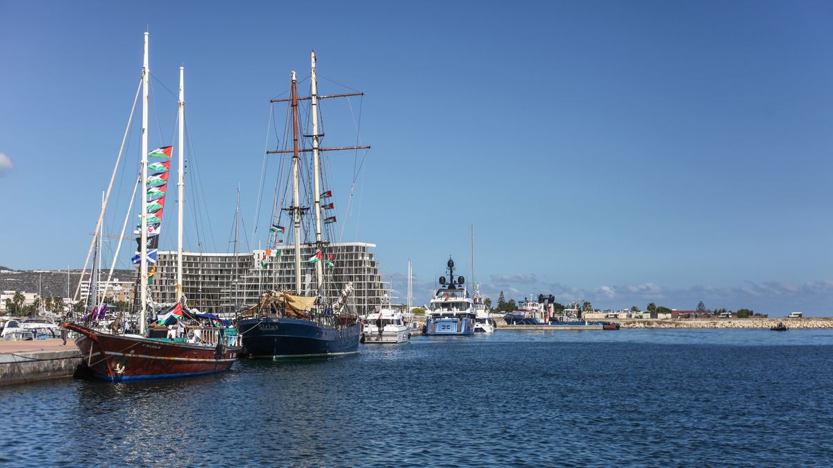 Vessels, part of the Global Sumud Flotilla, are moored at the port of Bizerte in northern Tunisia on September 13, 2025. The ships of the flotilla are expected to leave the port for Gaza in an attempt to break the Israeli siege. The Global Sumud Flotilla is an international solidarity mission that brings together activists, politicians, humanitarian groups, and public figures from more than 44 countries to challenge Israel's blockade of Gaza amid ongoing attacks on the enclave. Days earlier, the Flotilla's main ships, 'Family' and 'Alma', respectively sailing under the Portuguese and the UK flags, are hit by a drone strike in Tunisian waters at the port of Sidi Bou Said, according to the crew. (Photo by Chedly Ben Ibrahim/NurPhoto via Getty Images)