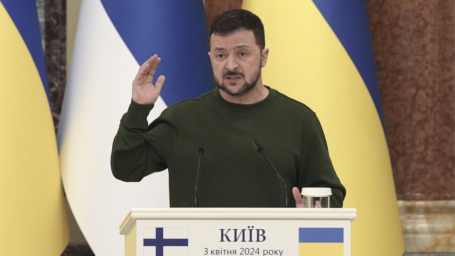 Volodymyr Zelenskiy, Ukraine's president, speaks during a news conference in Kyiv, Ukraine, on Wednesday, April 3, 2024. Finland and Ukraine signed a security cooperation agreement in which the Nordic country committed to providing military, political and financial support for 10 years. Photographer: Andrew Kravchenko/Bloomberg via Getty Images