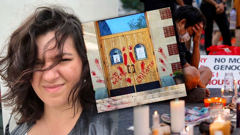 Joanna Gierak-Onoszko oraz zdjęcie wykonane podczas manifestacji "Bez dumy z ludobójstwa" 1 lipca 2021 w Toronto