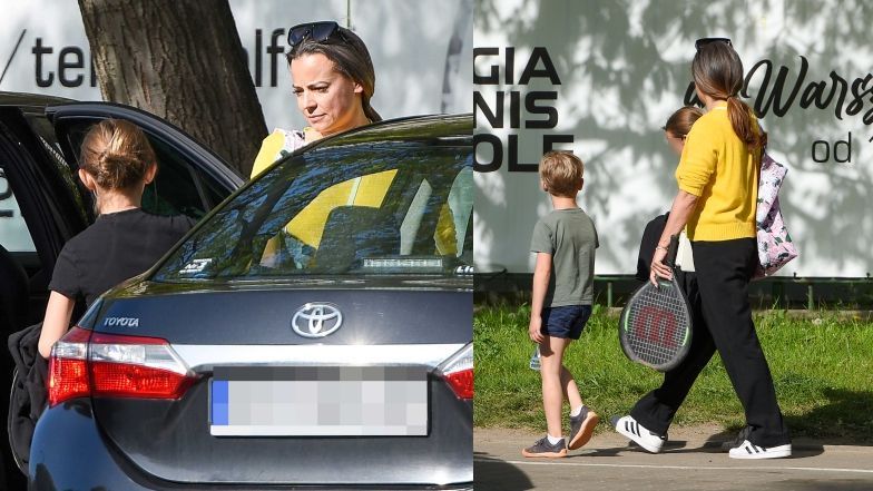 Anna Mucha prowadzi dzieci na lekcje tenisa