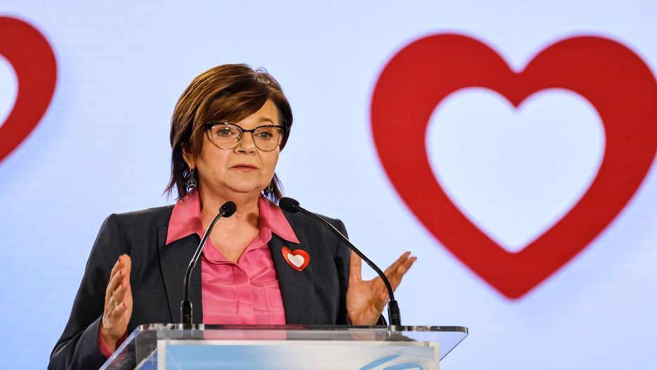 WARSAW, MAZOWIECKIE, POLAND - 2024/03/08: Minister of Health of Poland, Izabela Leszczyna and Vice-President of Civic Coa;otopm political party speaks to the National Council of the party to boost a regional election campaign. Local governments election will take place on April 7, 2024. The meeting focused on abortion - an emotional and controversial issue in Poland. (Photo by Dominika Zarzycka/SOPA Images/LightRocket via Getty Images)