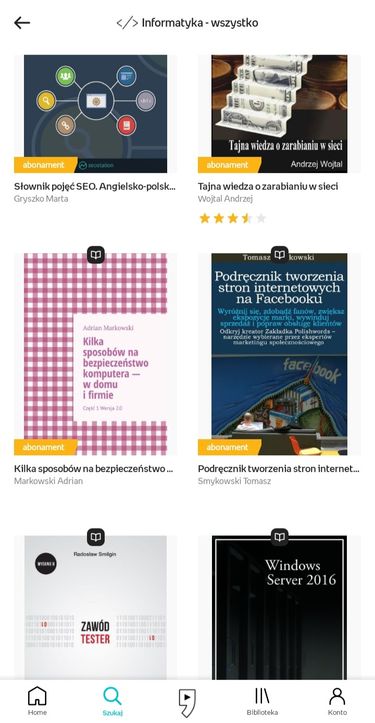 e-booki dostępne w abonamencie są oznaczone żółtymi etykietkami