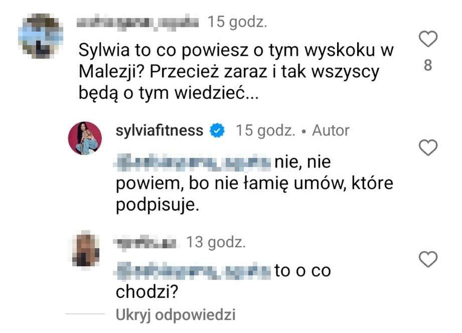 Sylwia Szostak reaguje na komentarz obserwatora. Chodzi o "wyskok" w Malezji